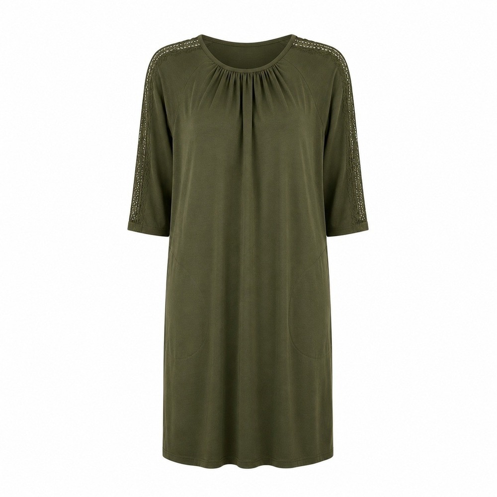 Garnet Hill Shift Dress Womens XS Olive Green Good Lace Trim Pockets Tencel